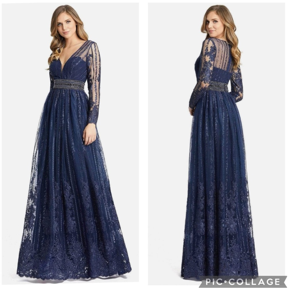 Mac Duggal Navy Lace Maxi Dress